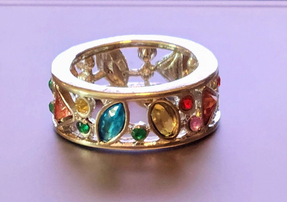 MULTI-COLORED MULTI-STONE SILVER OPEN WORK RING CIGAR BAND SILVER TONE