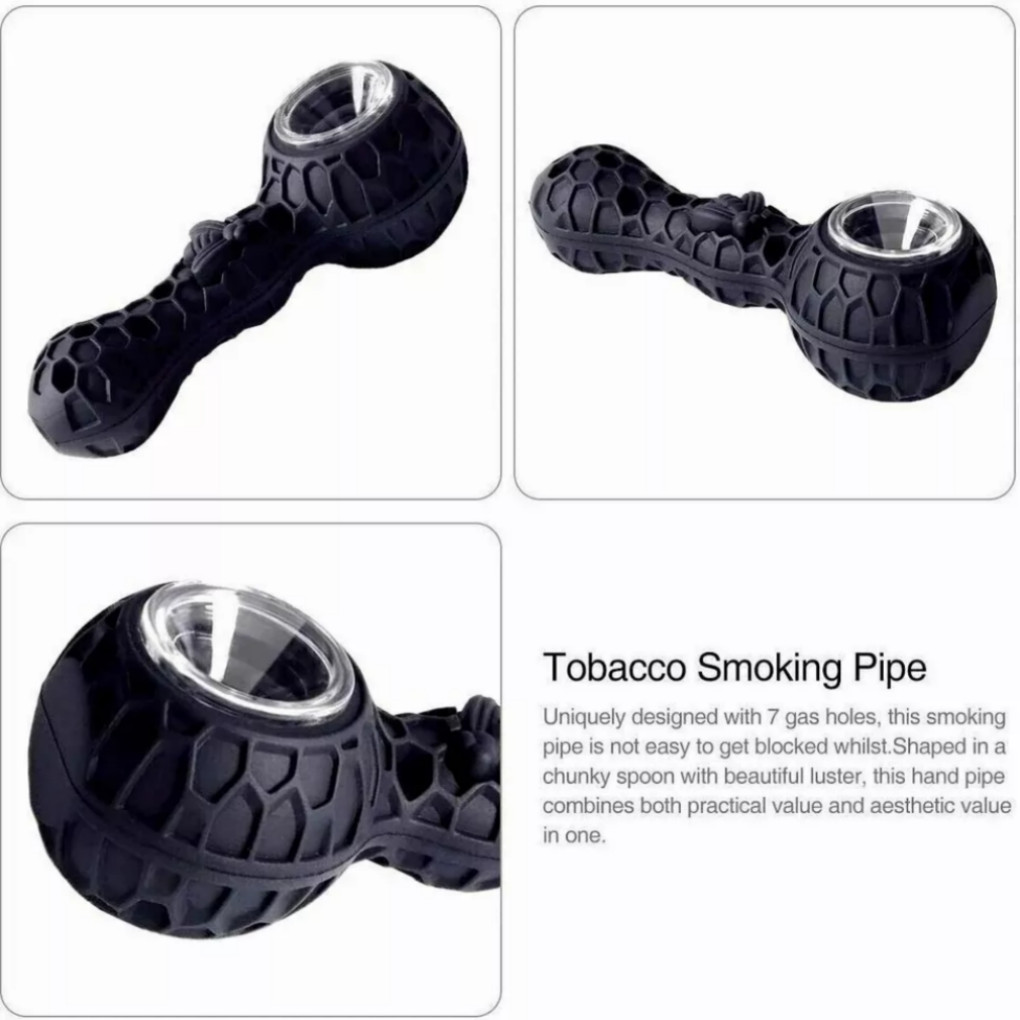 2 Pcs (Blue+Black) SILICONE PIPE 4.3" W/ GLASS BOWL -HoneyComb Bee