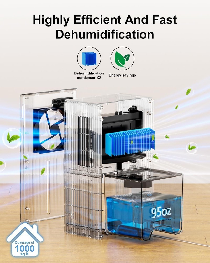 Compact 1000 sq.ft Dehumidifier with LED Control & Auto Shut Off - White