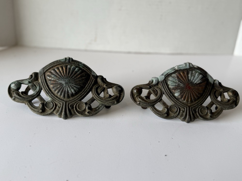 2 Large Vintage Ornate  Solid Brass Drawer Pulls