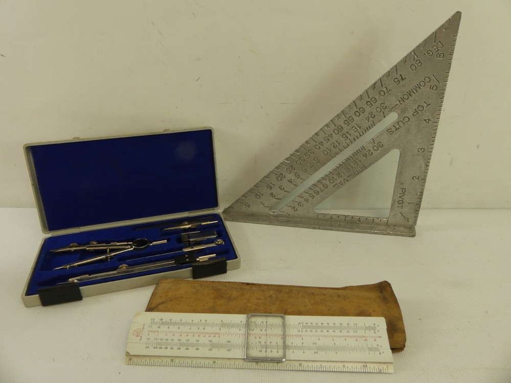 (RefJOH41) Technical drawing tools slide rule compass set square