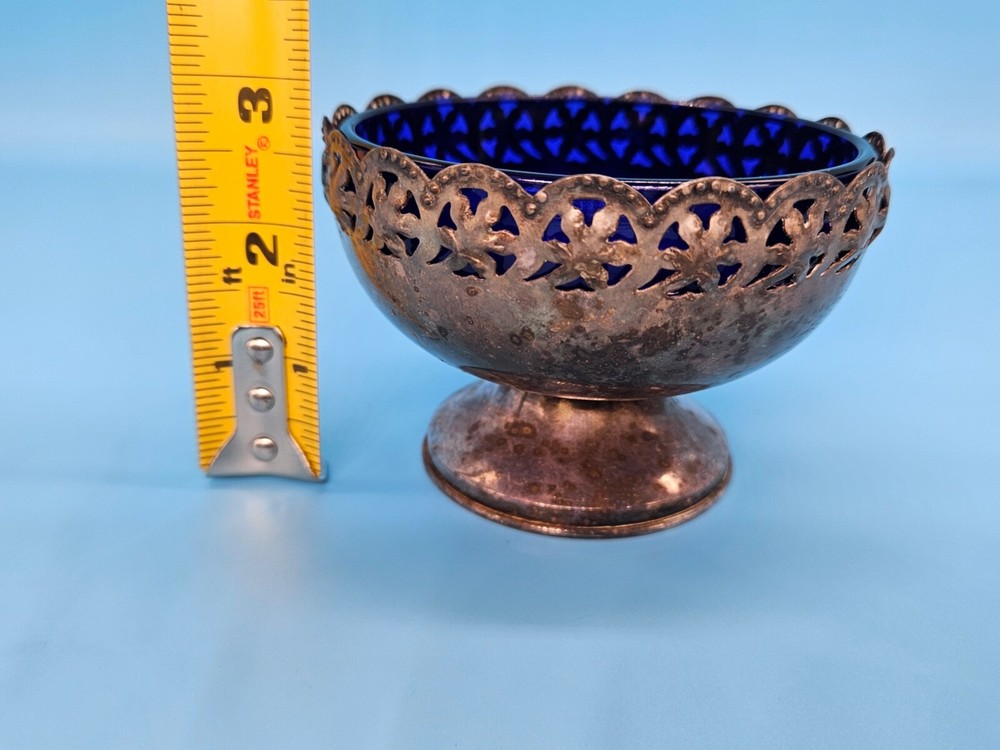 Vtg Celtic Quality Silver Plate Cobalt Blue Glass England Dessert Cup Medieval