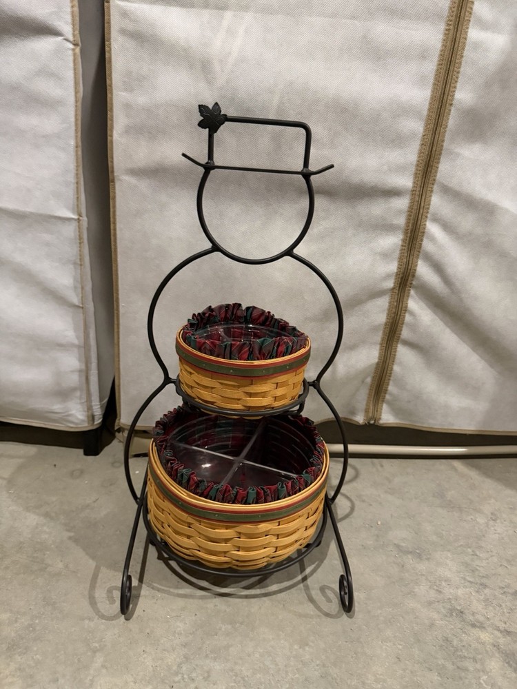 Longaberger Wrought Iron Small Snowman Stand w/ 2 Baskets, Liners, Protectors