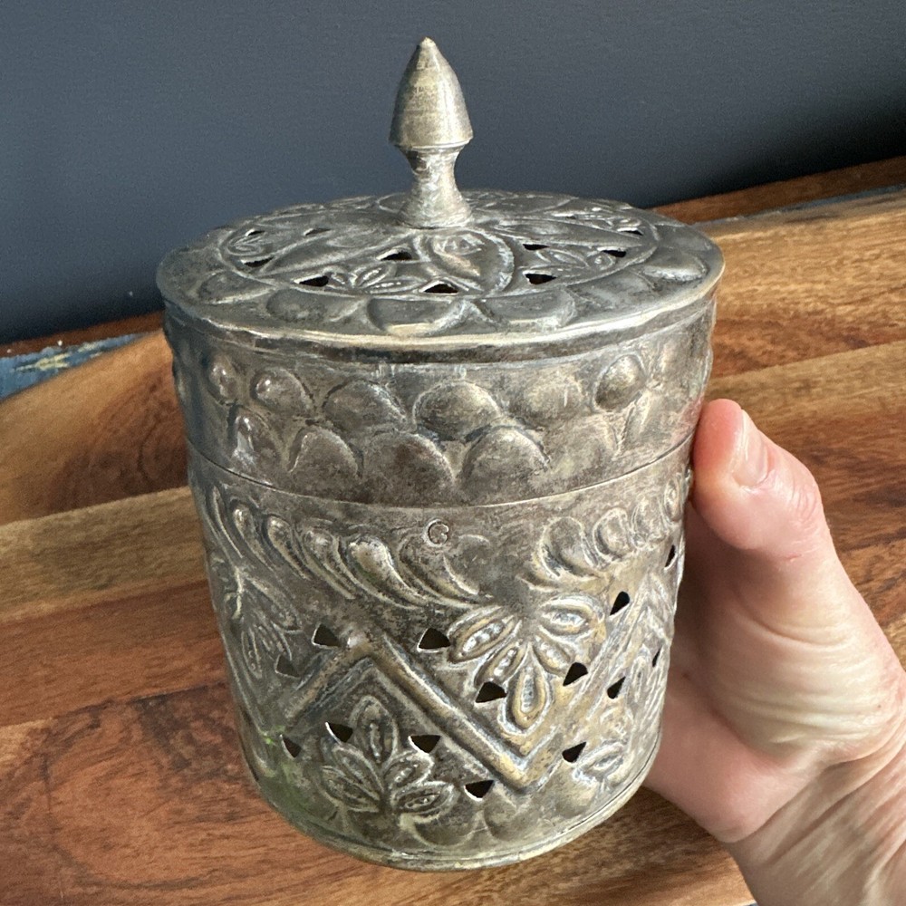Pierced Brass/Silver Box with Hinged Lid - Middle Eastern Good Solid Old Nice!