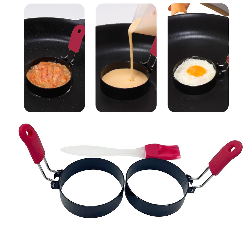 2Pcs 3" Fried Egg Molds + Oil Brush Egg/Pancake Ring Set Breakfast Cooking Tool