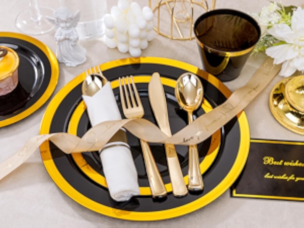 Bla and Gold Plastic Plates - Gold Disposable Dinnerware Sets for