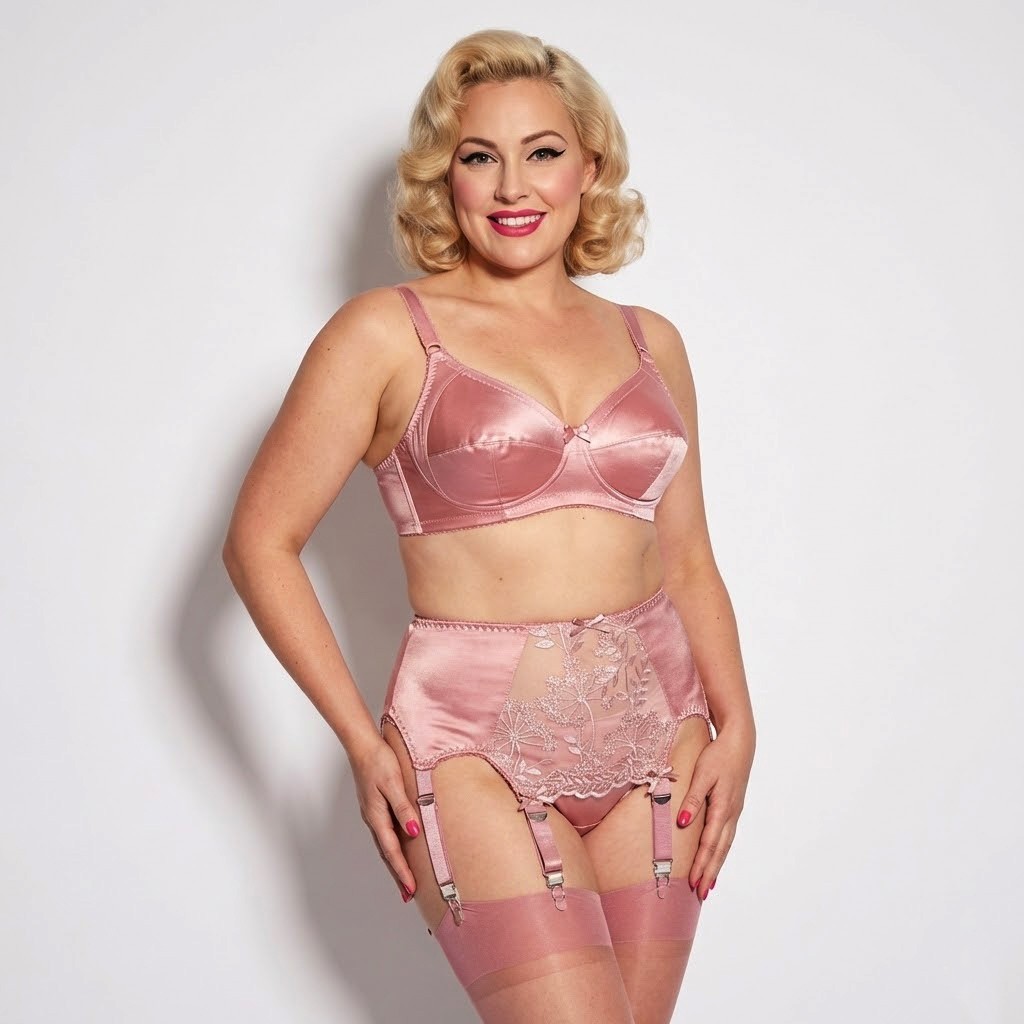 Pink 8 Strap Suspender Belt in Rose Pink Satin with Embroidered Lace Front