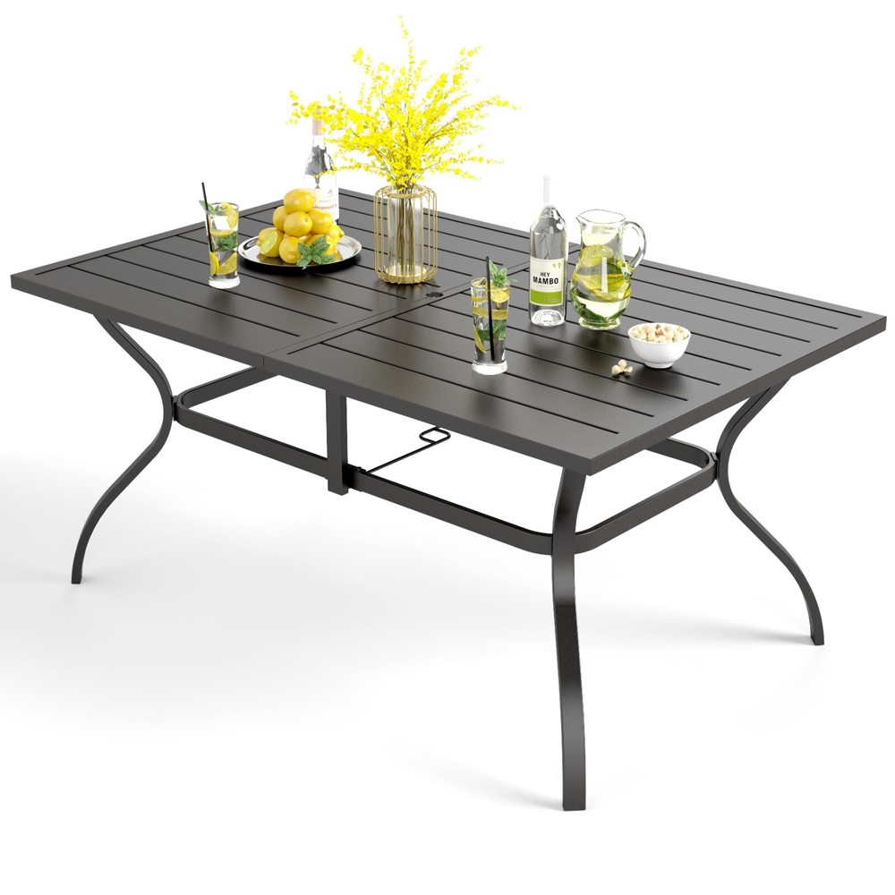 Outdoor Patio Dining Table with Umbrella Hole Rectangular Table Black