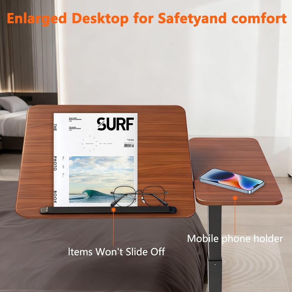 Overbed Bedside Table W/ Wheels Pneumatic Adjustable Rolling Laptop