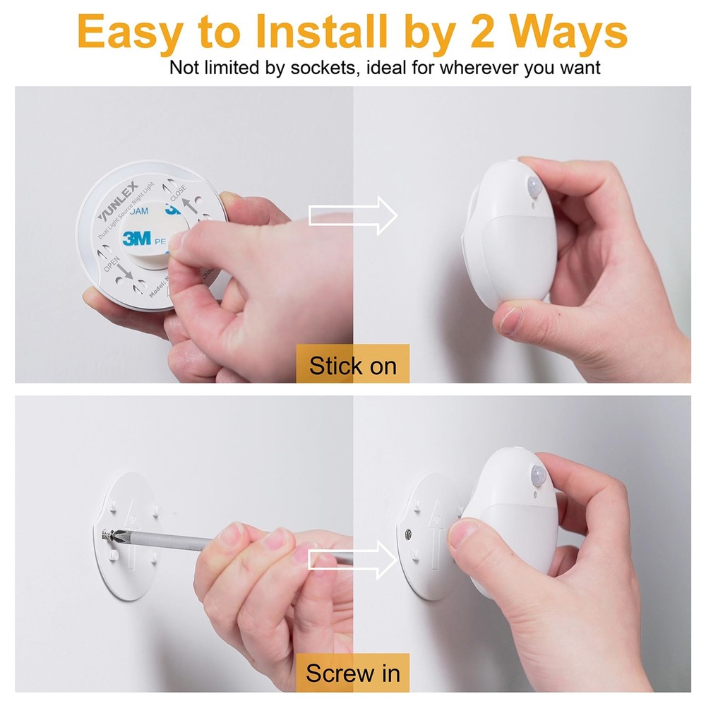 2 Pack Motion Sensor Night Light Gold Yellow 3 Lighting Modes Stepless Dimmin...