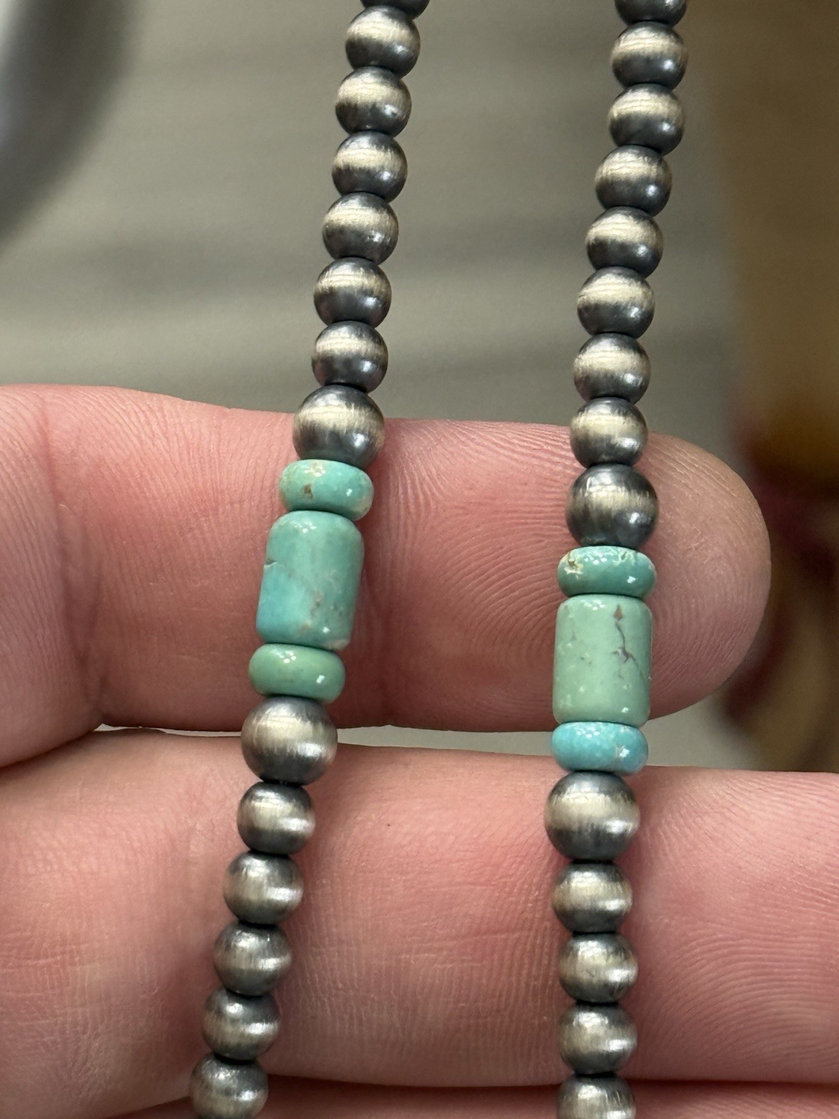 STERLING SILVER 5mm NAVAJO PEARL TURQUOISE CYLINDER BEADS BEADED NECKLACE .925