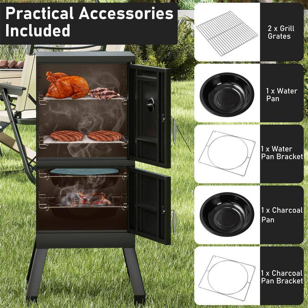 Vertical Charcoal Smoker BBQ Barbecue Grill with Temperature Gauge Outdoor Black