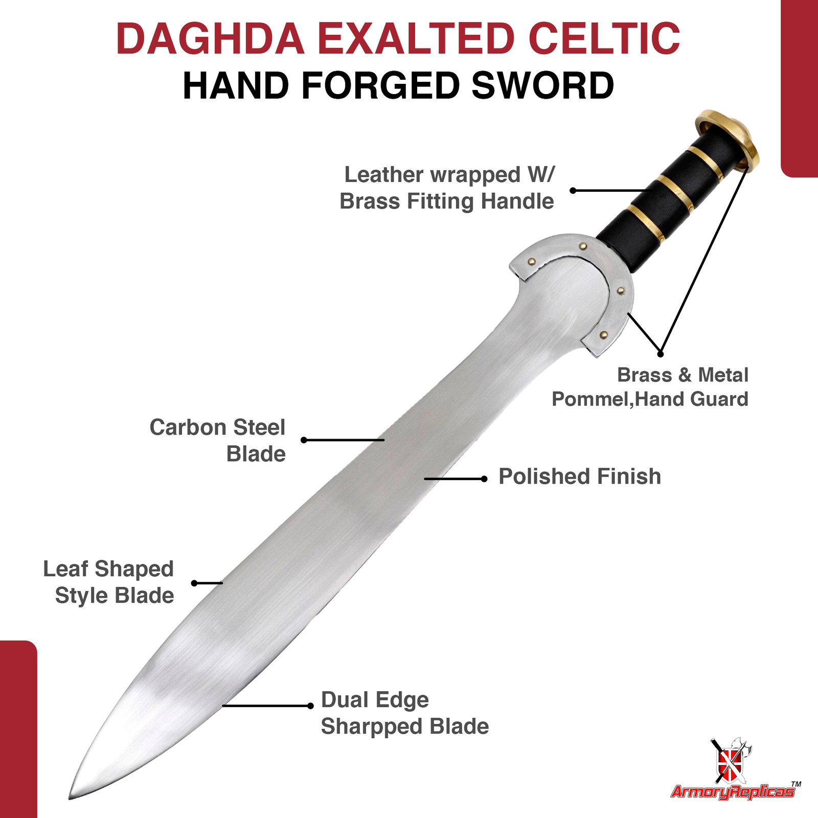 Hand Forged High Carbon Steel Sword Celtic Leaf Blade w/ Leather Sheath