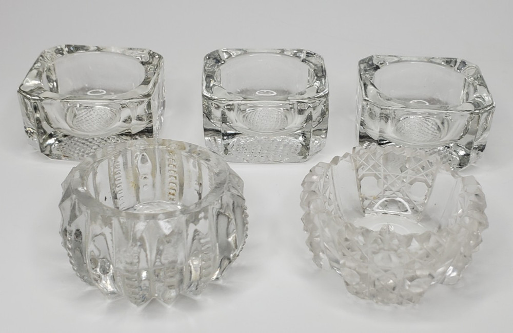 5 Salt Cellars Patterns Clear Side EAPG Zipper Side Cut Design, Small Glass