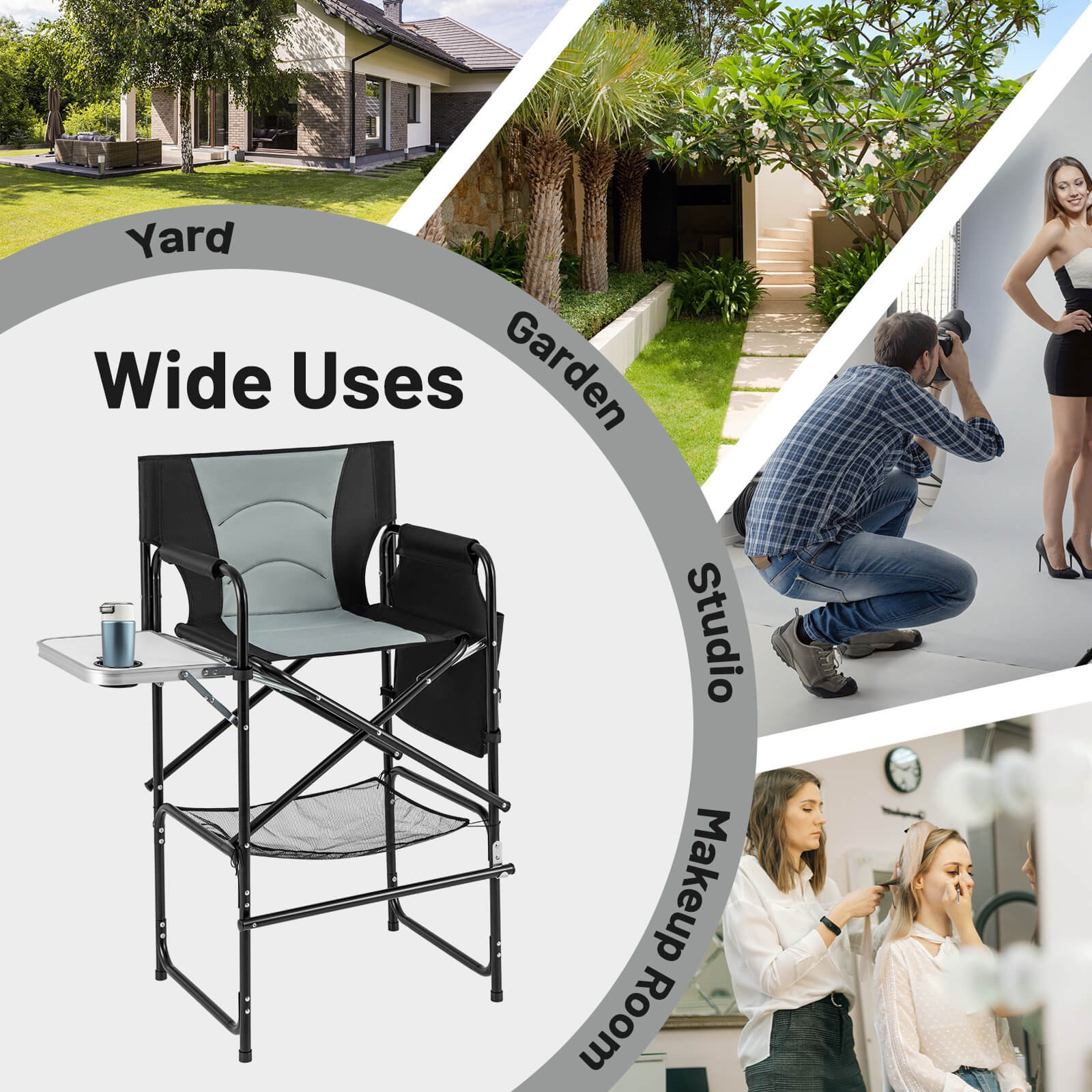 46" Tall Directors Chair with Foldable Side Table & Footrest, Extra Cup Holder