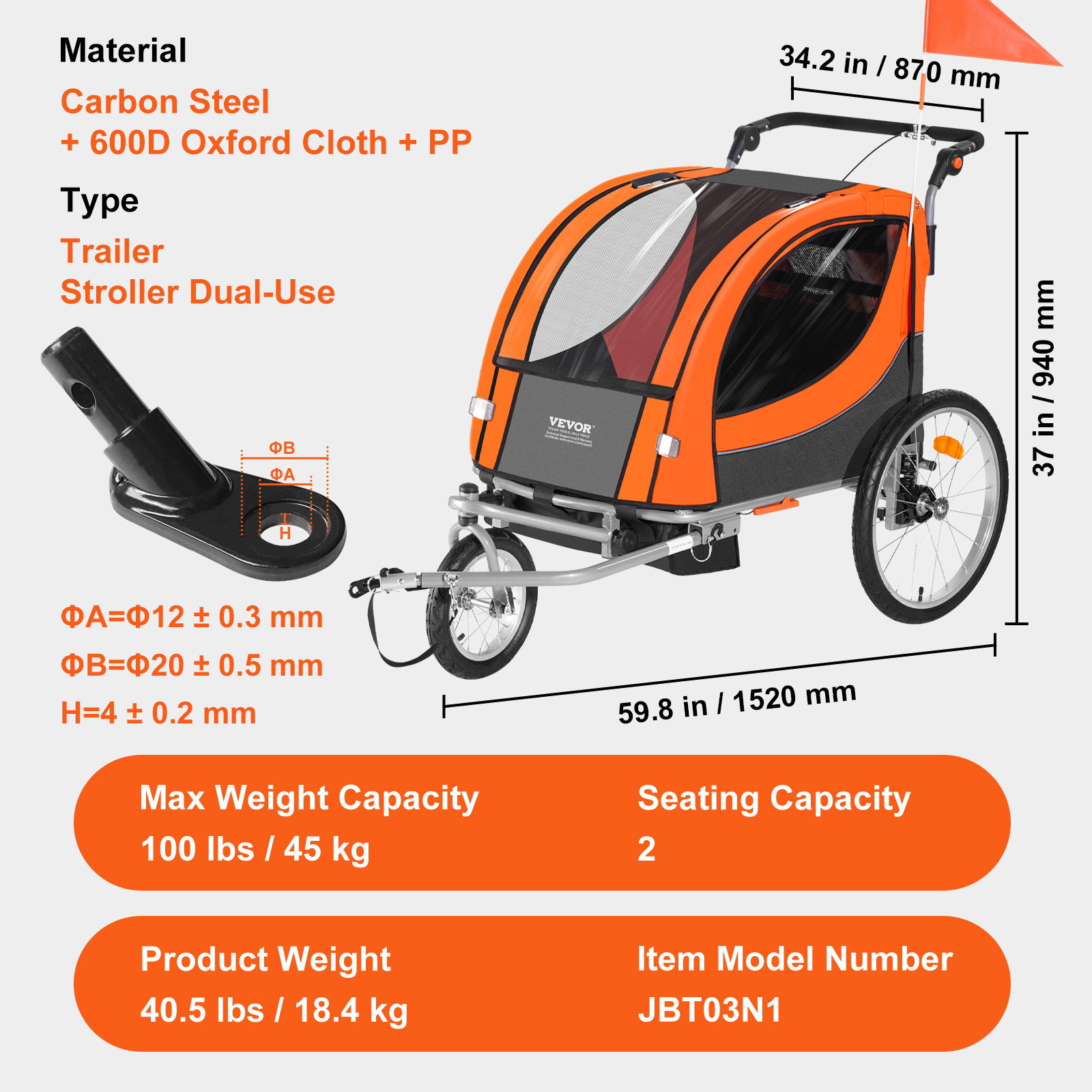 VEVOR Child Bike Trailer Foldable 2 Seater Stroller Double Kids Carrier 100 lbs