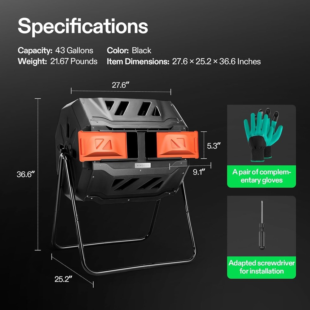 43 Gallon Outdoor Tumbling Composter Octagonal Dual Rotating Batch Compost Bin