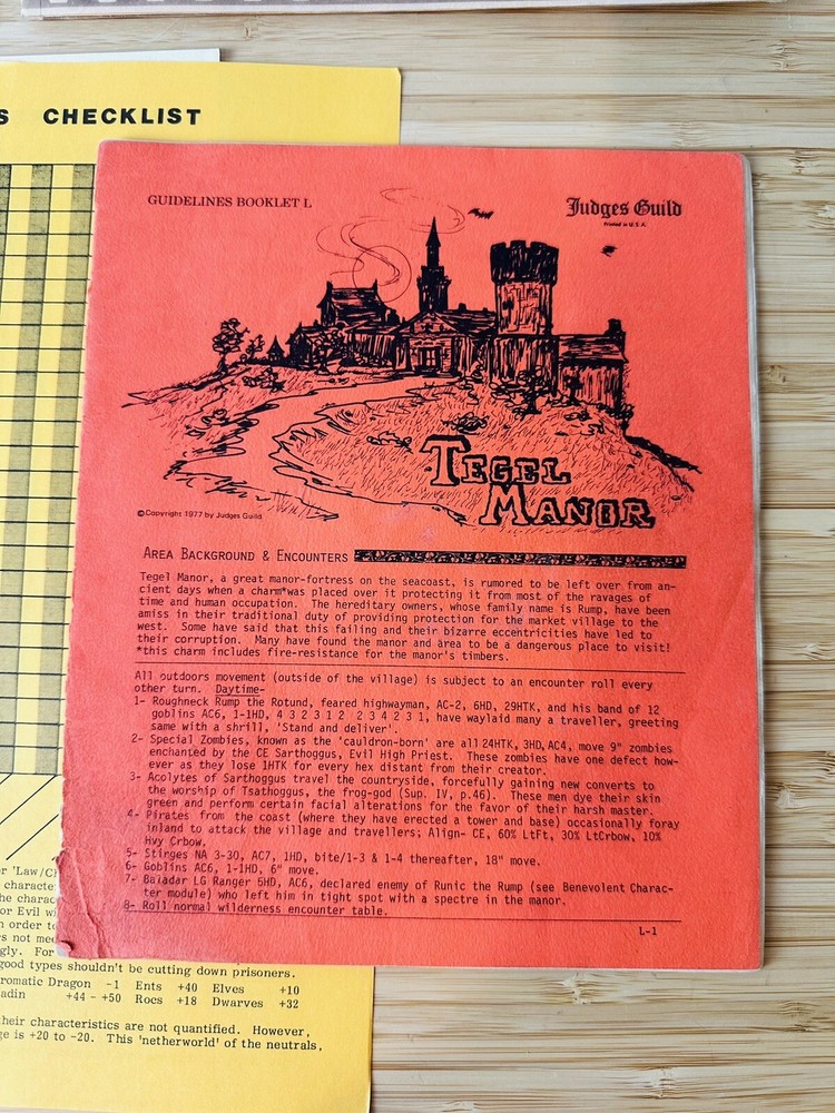 Tegel Manor Guidelines Booklet Set Two Map Sheets, Judges Guild, 1977