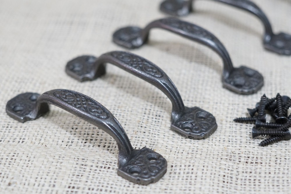 5 Small Drawer Pulls 4 1/4" Window Antique Vintage Style Ornate Rustic Cast Iron