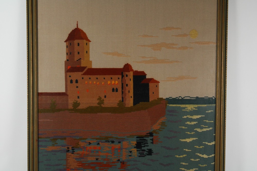 Needlepoint Mid Century Modern Boho Seaside Castle Framed Realism Needlepoint