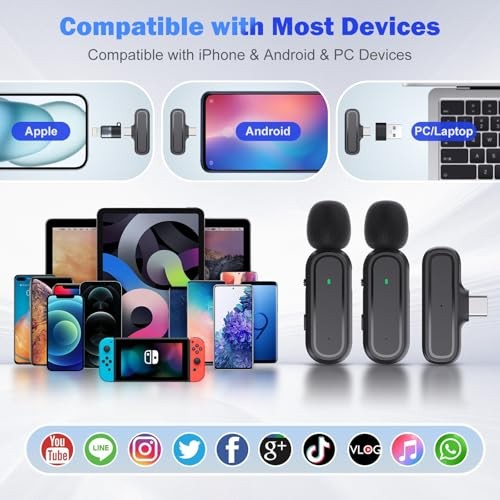 2 Pcs Wireless Lavalier Microphone for iPhone iPad Android PC, Mini Mic with