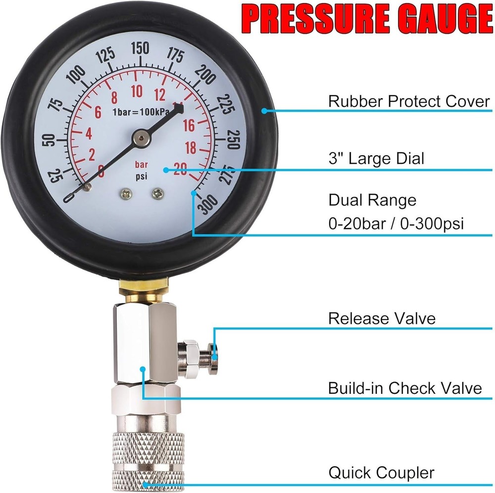 Professional Engine Compression Tester Gauge Kit with Universal Adapters - 9PCS