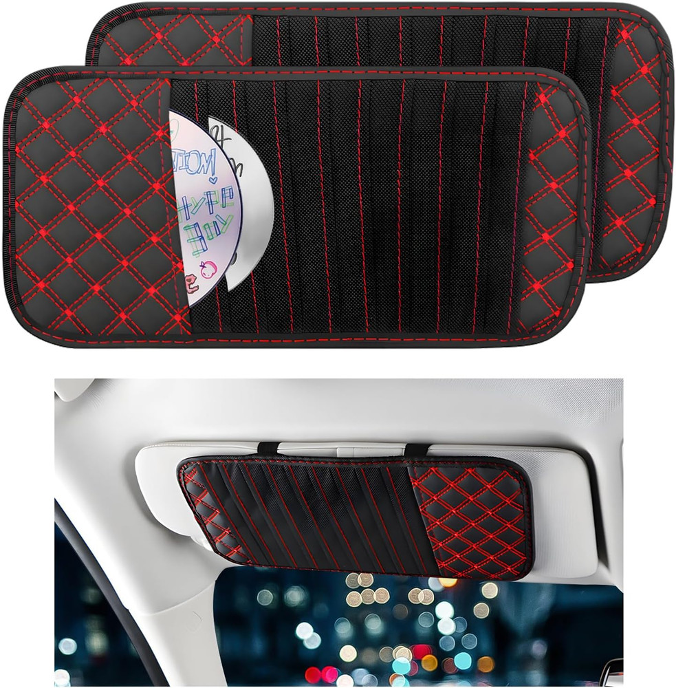 2 PCS Car CD Visor Storage Cases, Large Capacity Auto Sun Visor DVD Holder Red