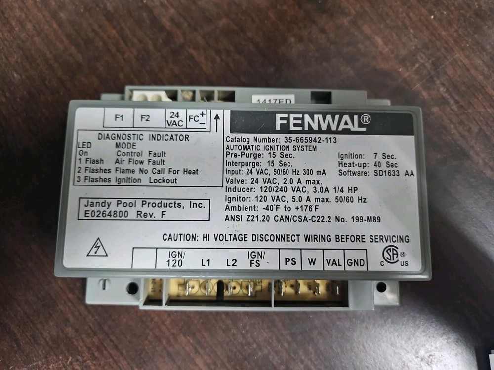 FENWAL 35-665942-113 Jandy E0264800 Automatic Ignition Control System Module...