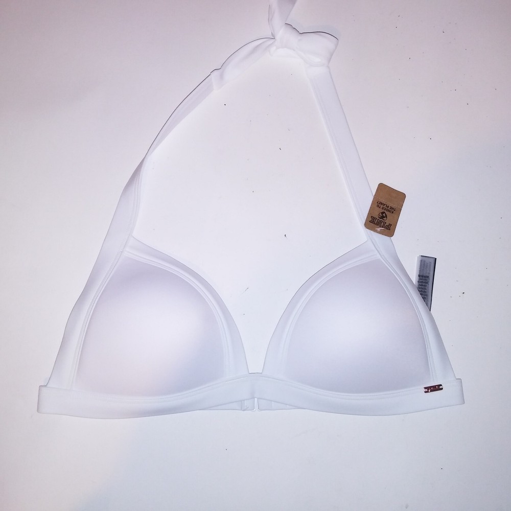 Victoria Secret PINK Swim Bikini Top Medium White Solid Triangle Halter Padded