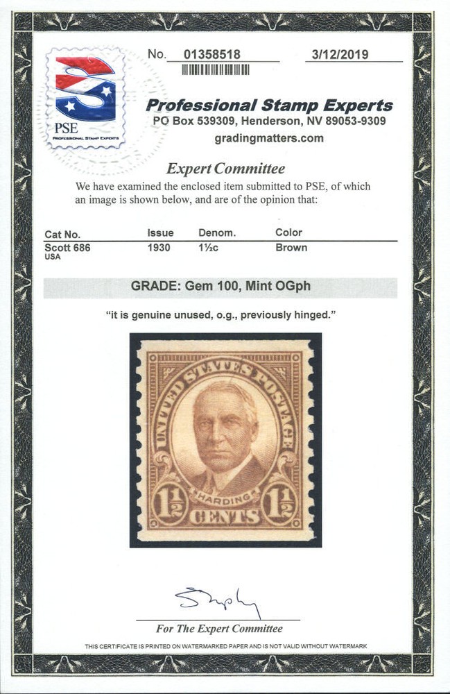 US # 686 1½¢ Harding, "Gem 100" Hinged, PSE graded (2019)