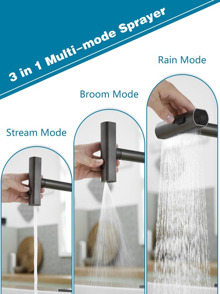 Commercial Stainless Steel Pull-Down Kitchen Faucet, Waterfall 3-Function, Gray