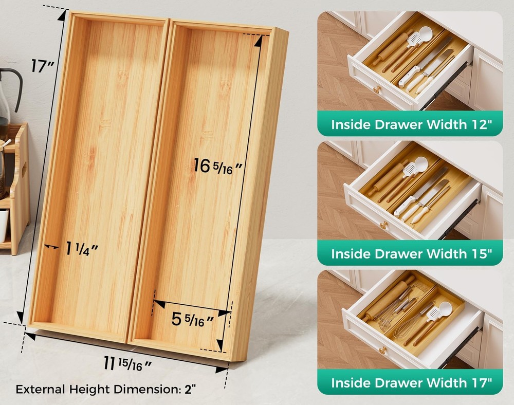 Long Bamboo Kitchen Drawer Organizer Boxes – 17" x 6" Stackable Wood Silve