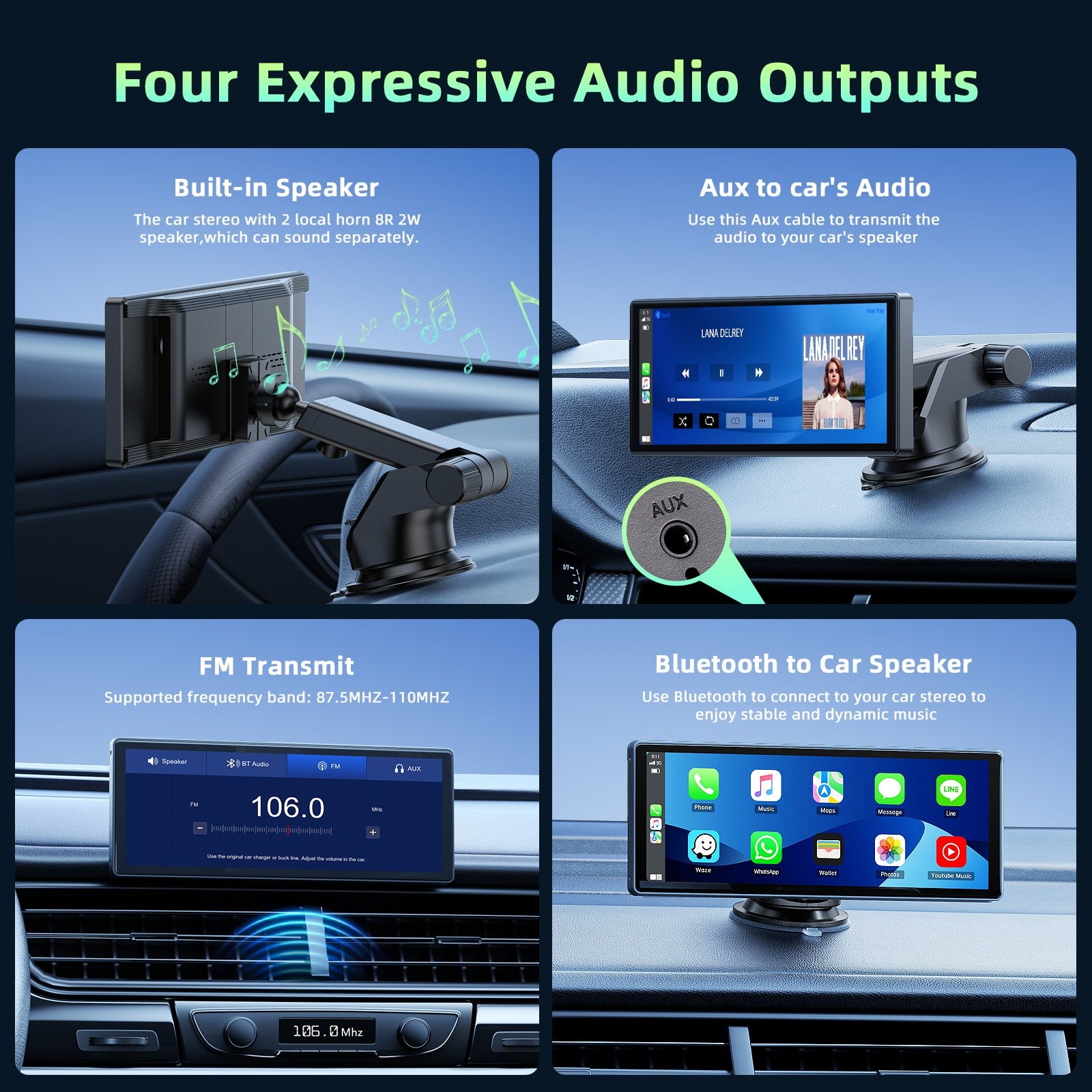 10.26" Portable Car Wireless Apple CarPlay Android Auto FM Touch Screen Radio