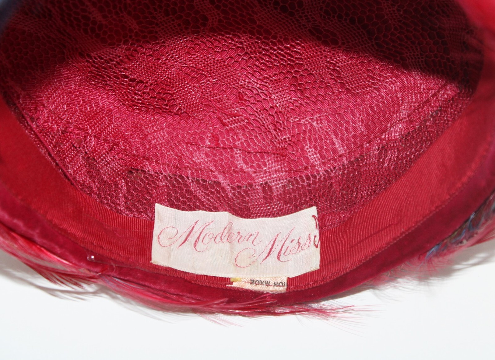 VTG Modern Miss Feather Pillbox Hat Velvet Multi-Color Cranberry Sequin Women's