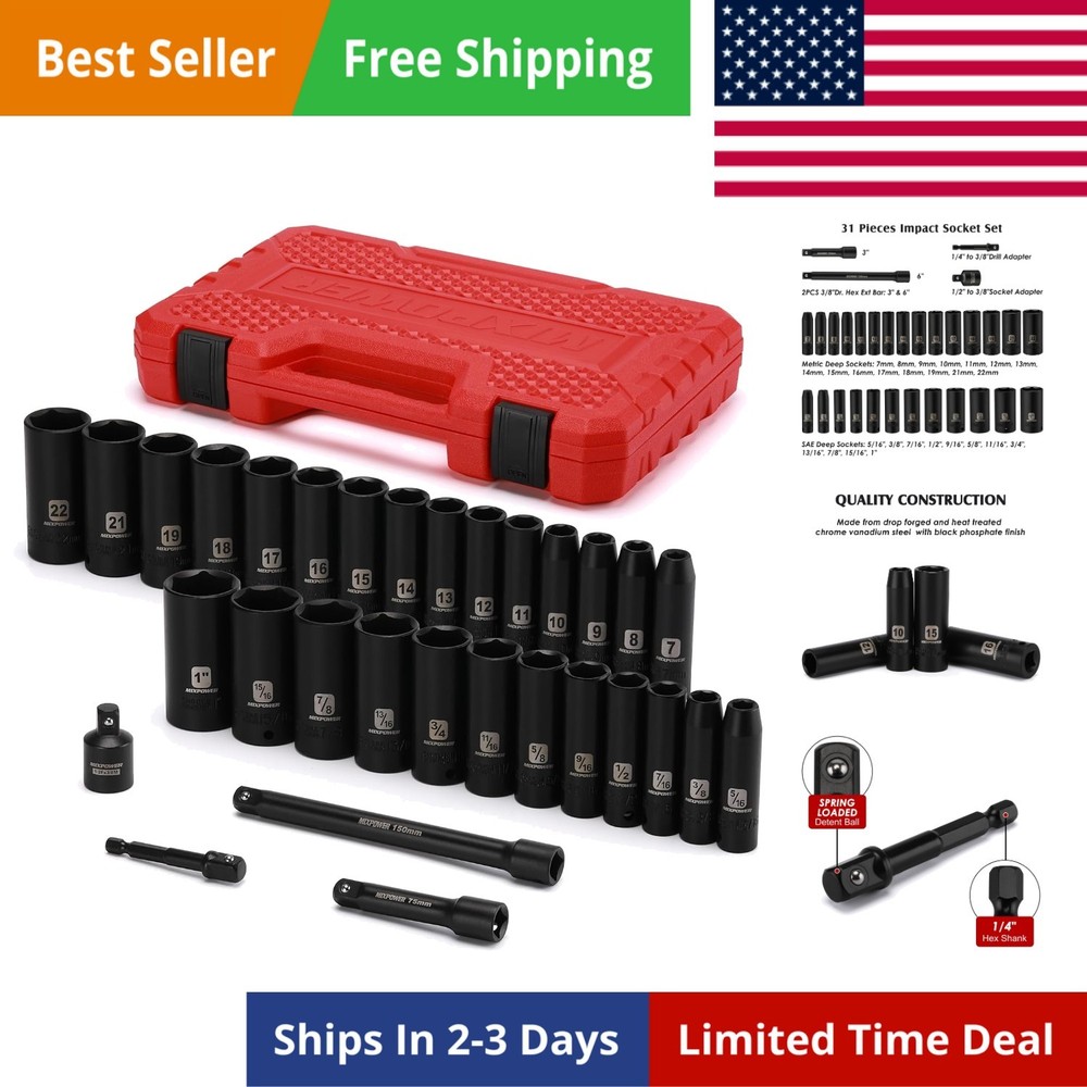 3/8" Drive Deep Impact Socket Set, 6 Point, 31 Piece SAE and Metric Socket Se...