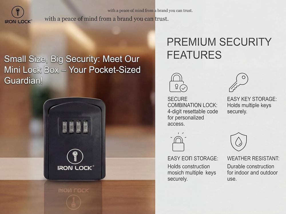 Wall Mount Key Lock Box 4-Digit Combination Waterproof Black Small