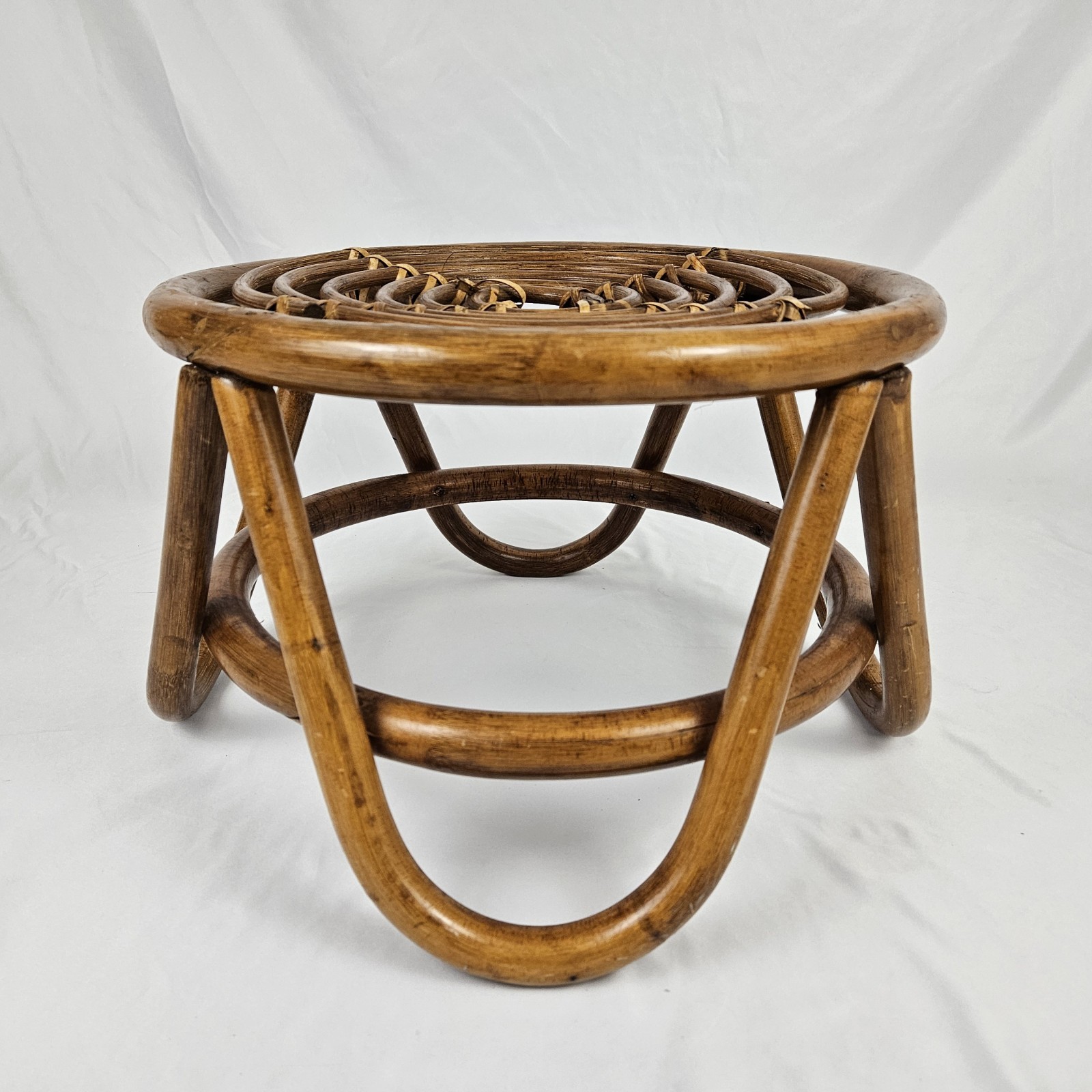 Vintage Rattan Footstool Ottoman Plant Stand Bent Bamboo Boho Mid-Century Modern