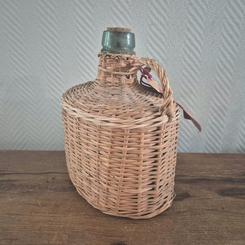 Vtg Wicker Wrapped Green Glass Empty Wine Bottle Handle