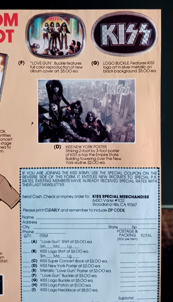VINTAGE 1977 KISS ARMY LOVE GUN MERCHANDISE INSERT COMIC BOOK AD MAILER NM/Mint