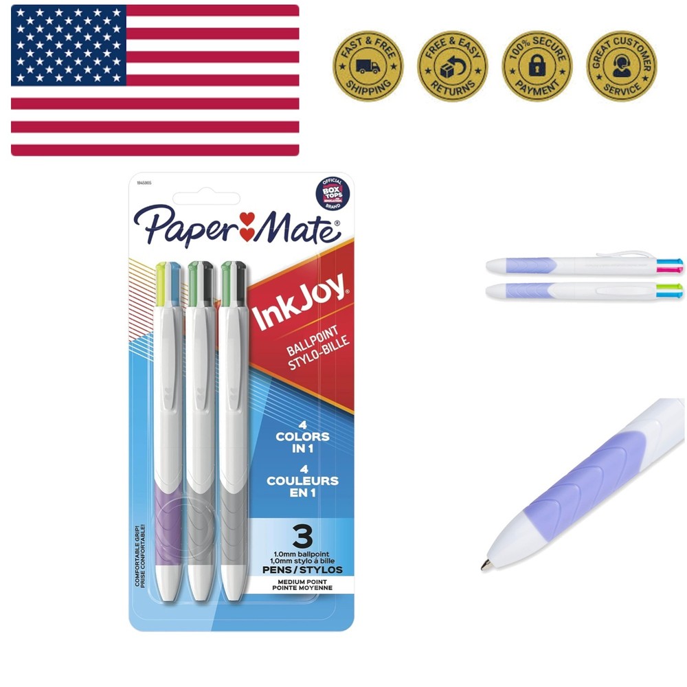 InkJoy Quatro Retractable Ballpoint Pens, Medium Point, Assorted Colors, 3 Pack