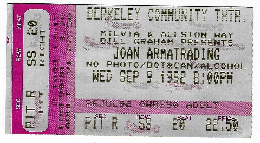 Joan Armatrading 9/9/92 Berkeley CA Community Theatre Rare Ticket Stub