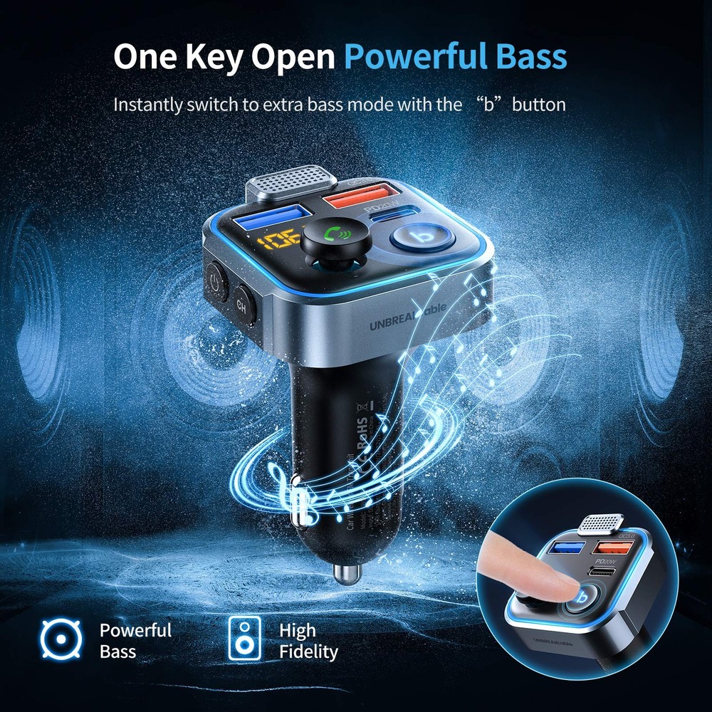 UNBREAKcable Bluetooth 5.3 FM Transmitter for Car, PD 20W + QC 3.0 Stronger M...
