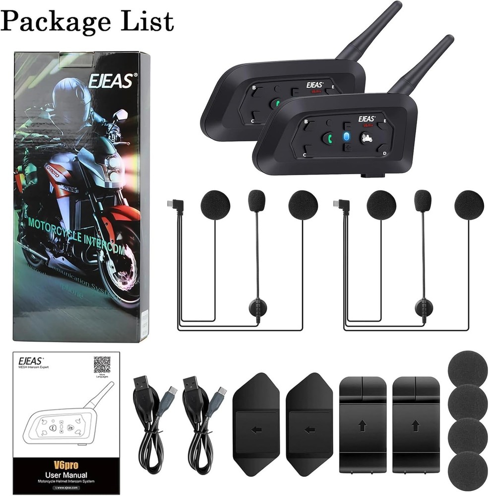 V6 Pro Motorcycle Helmet Bluetooth Intercom Headset 1200M 2 2Pack