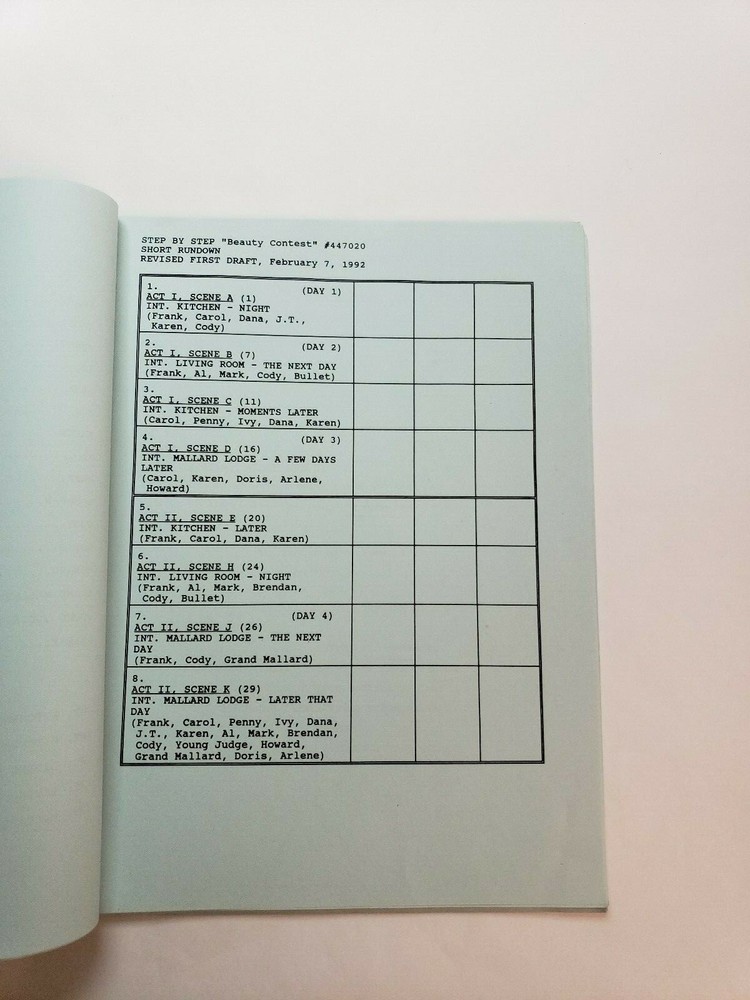STEP BY STEP / Sally Lapiduss & Pamela Eells 1992 TV Script, "Beauty Contest"