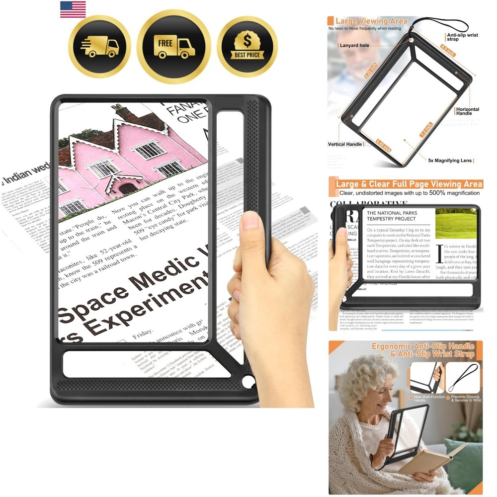5X Full Page Magnifying Glass for Reading, Lightweight Rectangular Magnifier ...