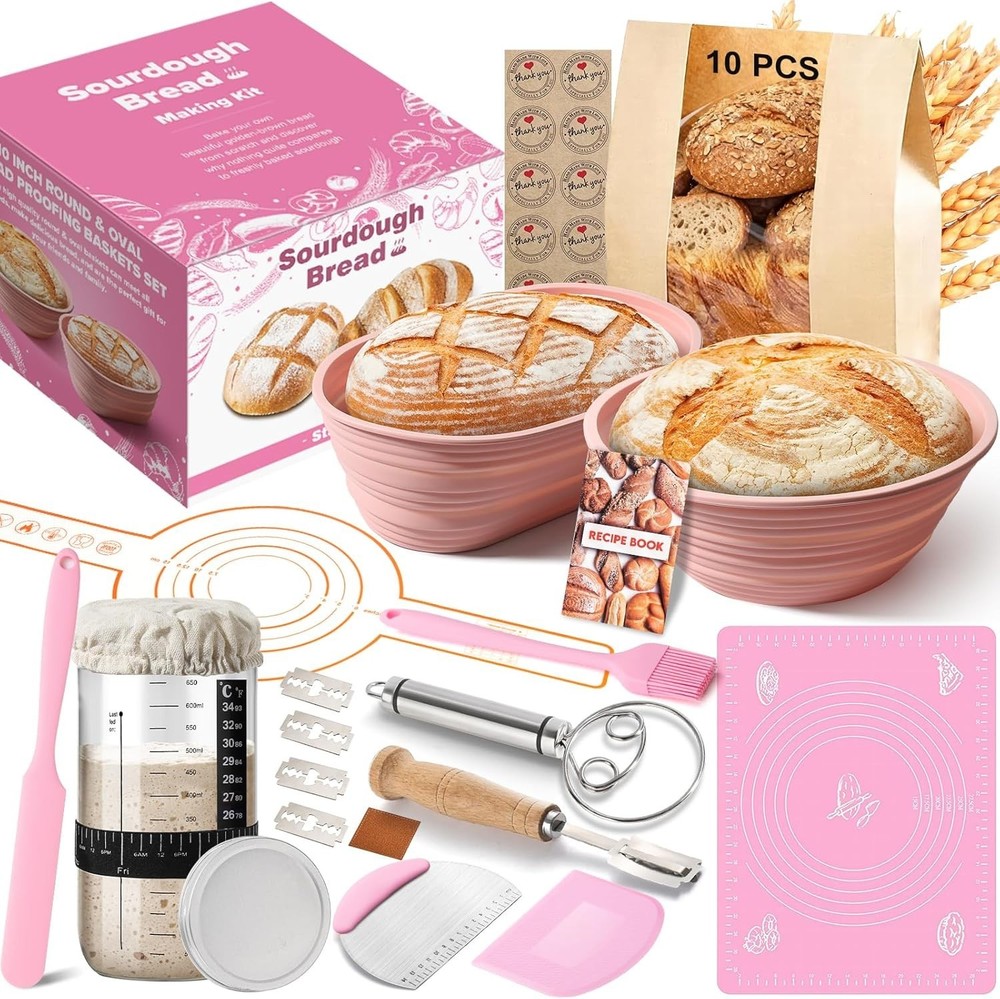 15PCS Sourdough Starter Kit Bread Baking Supplies w/ Banneton Baskets & Jar