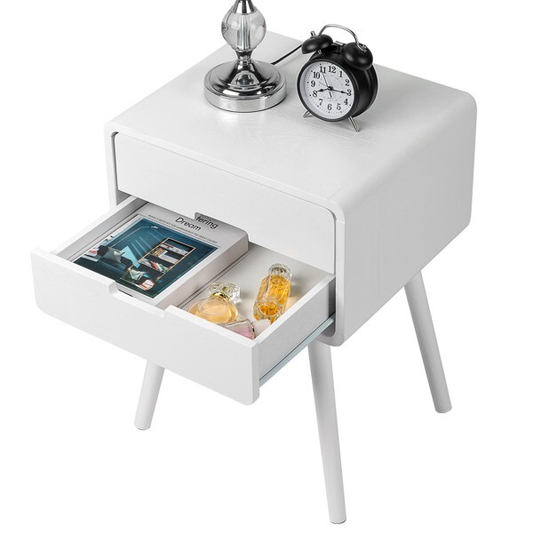 Wood Nightstand End Side Table with Drawer & Solid Wood Legs