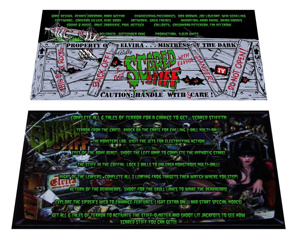 Bally Scared Stiff Pinball Custom Apron Info and Instruction Cards