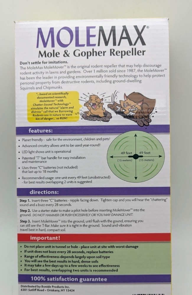 2 Bonide MoleMax Mole & Gopher Repeller Sonic Spike Battery Operated 7500sqft EA