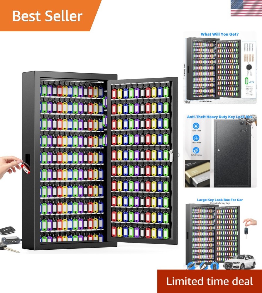 Key Lock Box Wall Mount with 250 Key Capacity Side Hooks and Key Tags